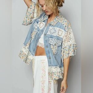 POL HOMEBODY Floral Print Crochet Patchwork Embroidered Western Jean Jacket